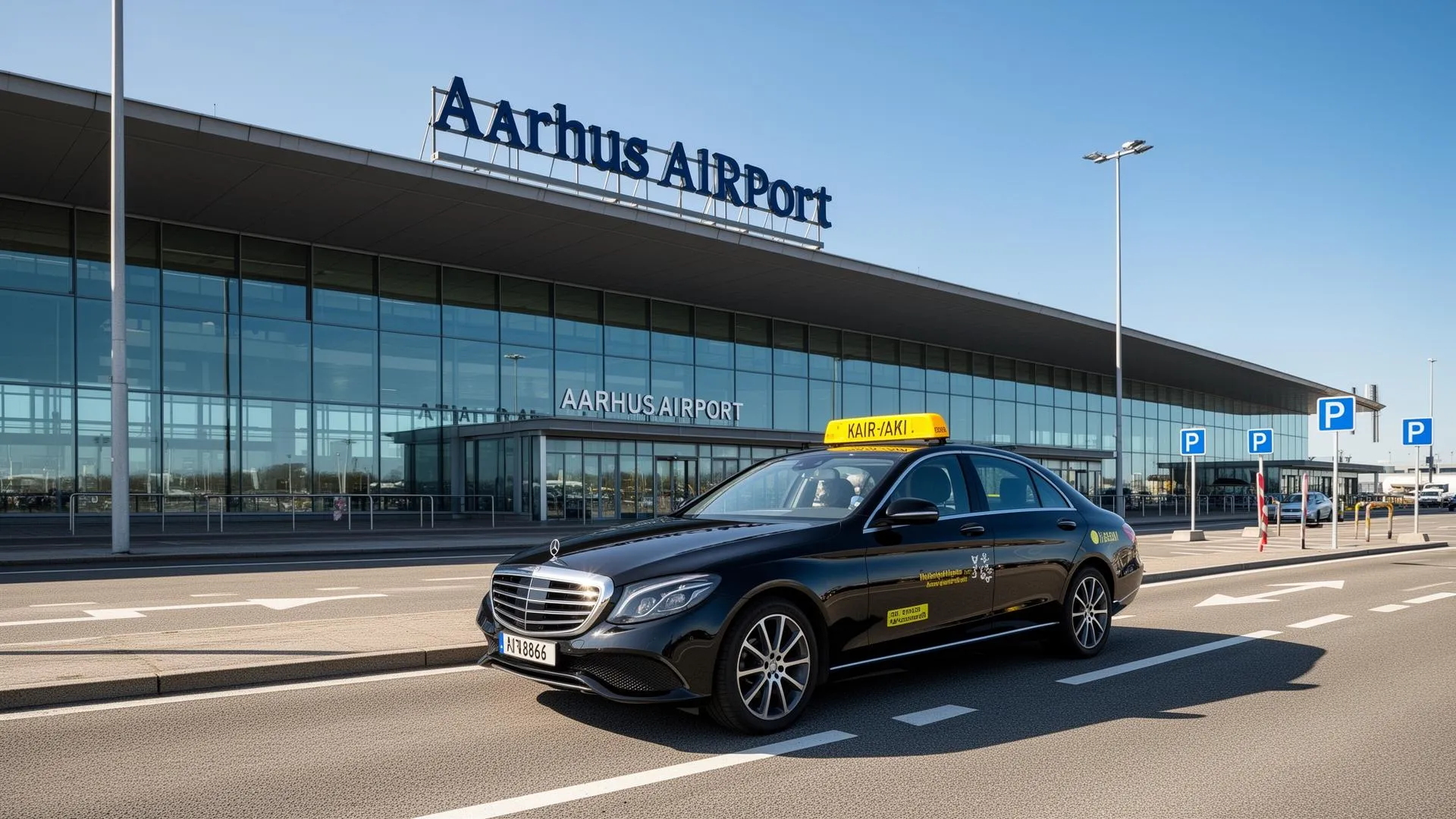 Taxi esperando frente a la sala de llegadas del Aeropuerto de Aarhus